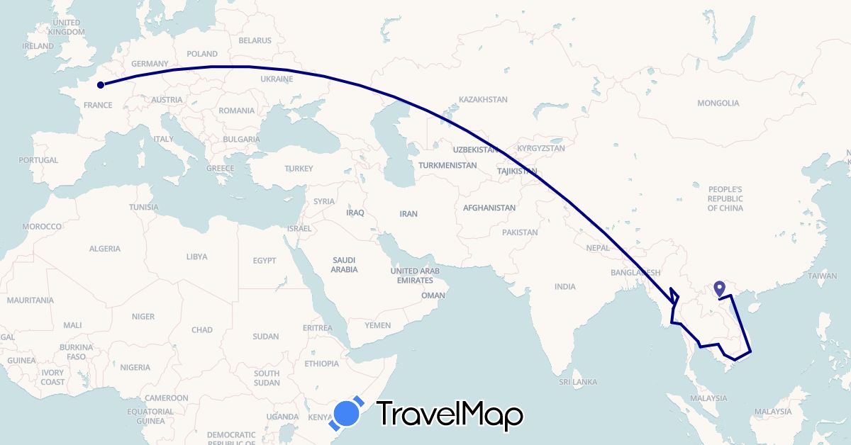 TravelMap itinerary: driving in France, Cambodia, Laos, Myanmar (Burma), Thailand, Vietnam (Asia, Europe)